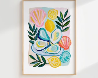 Coastal Sea Shell & Lemon Summer Wall Art Print, Kitchen Decor Digital Download, Tropical Beach House Printable Art