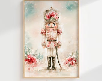 Pink Nutcracker Watercolor Christmas Print, Floral Holiday Wall Art (Digital Download)
