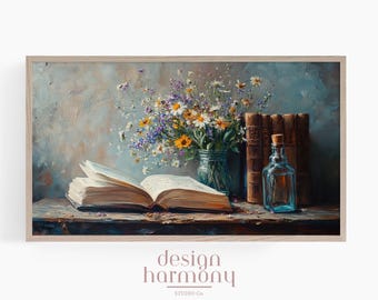 Cozy Library Frame TV Art: Rustic Book Vase Scene (Digital Download)