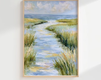 Coastal Marsh Print, Impressionistic Serene River Art, Peaceful Wetland Seascape, Textured Ocean View Wall Art, Digital Download