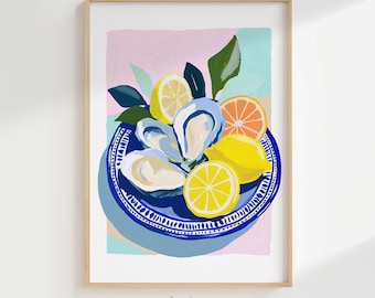 Summer Seafood Oyster Citrus Beach House Wall Art, Coastal Lemons Printable Kitchen Decor, Mediterranean Summer Digital Print Art