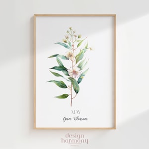 Póster de flor de nacimiento de eucalipto de mayo, arte mural botánico australiano imprimible, regalo de descarga digital, arte decorativo de pared, descarga instantánea