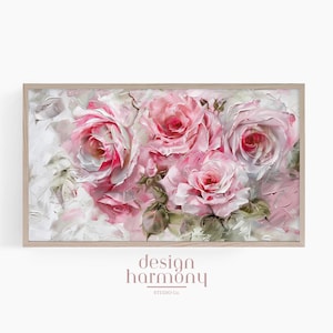Frame Tv Art - Beautiful Pink Roses Oil Painting, Flower Digital Painting for Frame Tv, Vintage Floral Digital Download Artwork 6025