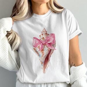 Watercolor Shell with Pink Bow Coquette Summer Png, Messy Coquette Shirt Design, Beach Sublimation Digital Download for Apparel