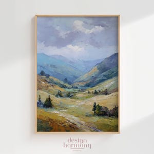 Vintage Mountain Valley Oil Painting: Farmhouse Landscape Art (Digital Download