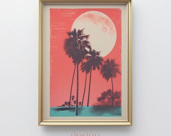 Arte mural risográfico: Palmeras al atardecer, descarga digital, ambiente tropical, colores intensos