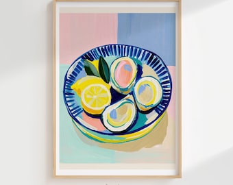 Tropical Oyster Lemon Citrus Printable Wall Art, Coastal Summer Kitchen Print, Mediterranean Beach House Decor Digital Art