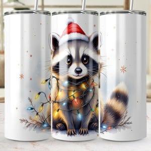 Sublimation Tumbler Design PNG -  Christmas Raccoon with Lights, Cute Holiday Theme, 20 oz Skinny Tumbler Wrap