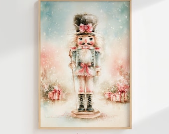 Watercolor Nutcracker Wall Art, Pastel Pink Coquette Christmas Decor (Digital Download)