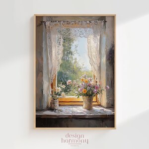 Vintage Flowers by Window Still Life Oil Painting Art Print (Digital Download)