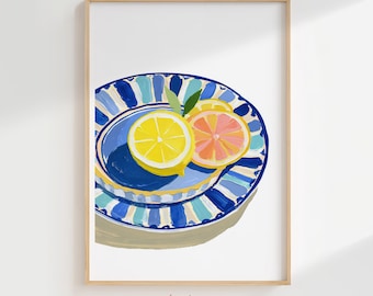 Lemon Orange Grapefruit Fruit Kitchen Wall Art Digital Print, Tropical Citrus Summer Coastal Decor Printable Art