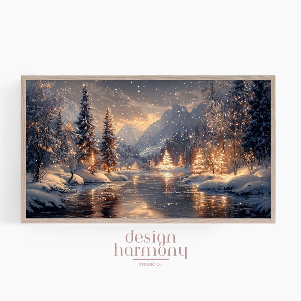 Winter Village Scene for Samsung Frame TV: Snowy Mountain Digital Art (Digital Download)