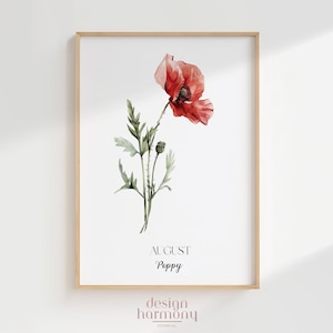 August Birth Flower Poppy Poster, Printable Digital Download, Alternative Birth Month Wall Art, Minimalist Floral Gift for Her