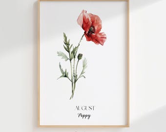 Lámina artística de amapola, la flor de nacimiento de agosto: decoración floral minimalista para pared (descarga digital)
