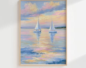 Sailboat Sunset Painting Digital Download, Impressionist Ocean Art Print, Pastel Wall Decor, Coastal Home Gift