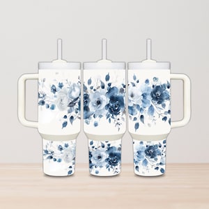 Blue Watercolor Floral Tumbler Wrap: 40oz Sublimation Design (Digital Download)