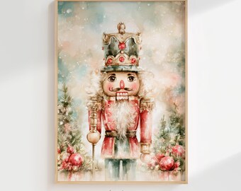 Nutcracker King Wall Art, Watercolor Christmas Print, Pastel Holiday Decor (Digital Download)
