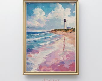 Coastal Lighthouse Art Print: Calming Beach Scene (Digital Download)