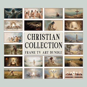 Könnte beinhalten: Eine Sammlung gerahmter Kunstdrucke mit religiösen Themen. Die Bilder zeigen Szenen aus der Bibel, darunter Jesus, Jünger und ikonische Momente. Der zentrale Text lautet "CHRISTIAN COLLECTION FRAME TV ART BUNDLE."