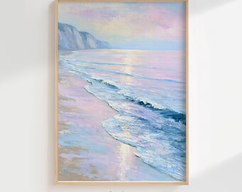 Impressionist Ocean Art Print, Pastel Beach Waves Cliffs Digital Landscape Painting, Serene Coastal Wall Decor, Aesthetic Home Painting Gift