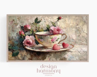 Vintage Teetasse & Rosen TV Kunst: Romantisches Rosa Dekor (Digitaler Download)