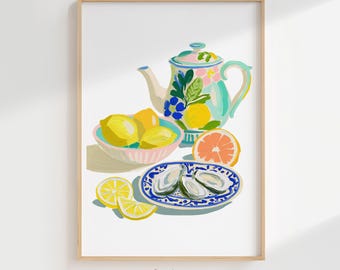 Coastal Kitchen Wall Art Digital Print, Tropical Citrus Summer Decor, Lemon Oyster Grapefruit Teapot Printable Art Gift