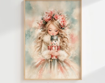 Nutcracker Girl Nursery Print, Watercolor Christmas Decor (Digital Download)