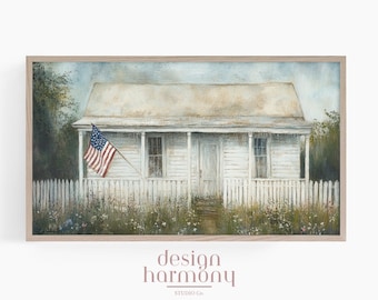 American Flag Cottage Painting: Vintage Farmhouse Art (Digital Download)
