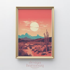Risograph Wandkunst - Wüste Sonnenuntergang Landschaft, digitaler Download, lebendige Kunstwerk, Berge und Kakteen, warme Farben