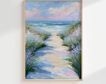 Beach Pathway Oil Painting Digital Print, Pastel Coastal Wall Art, Ocean Path Sunset Landscape Art Printable, Serene Beach Sunset Digital