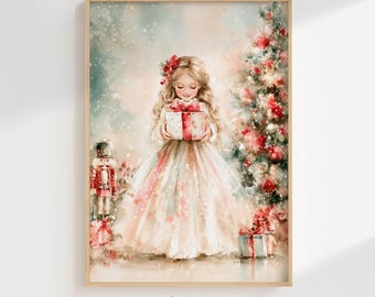Clara Nutcracker Christmas Print, Watercolor Girl Nursery Art (Digital Download)