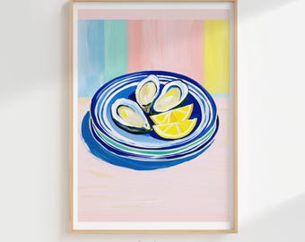 Summer Tropical Oyster Digital Wall Art Print, Coastal Kitchen Decor, Mediterranean Style Printable Art