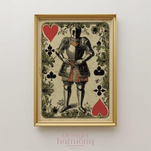 Cartas de juego vintage con armadura de caballero, arte imprimible con decoración medieval romántica, arte de pared con descarga digital, diseño de estilo renacentista