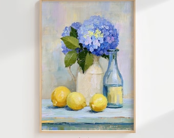 Hydrangea Lemon Still Life Digital Oil Painting, French Country Kitchen Wall Decor, Vibrant Floral Impressionist Botanical Art Print