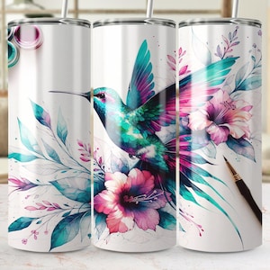 Hummingbird Tumbler Wrap: Floral Watercolor Sublimation Design (PNG Digital Download)