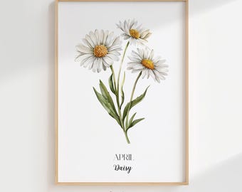 Daisy April Birth Month Printable Art, Digital Download Flower