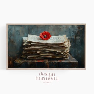 Arte de TV enmarcado: pila de cartas vintage, pintura de amapolas rojas, pila de documentos rústicos, descarga digital, arte de Smart TV, arte de TV enmarcado