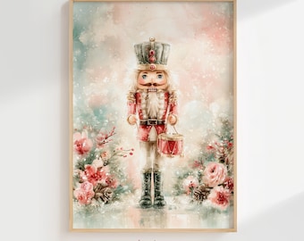 Pink Nutcracker Drummer Wall Art, Watercolor Christmas Print (Digital Download)