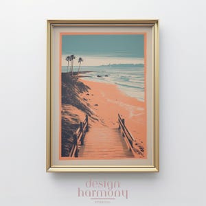 Risograph Wand Kunst - Küsten Sonnenuntergang, digitaler Download, Vintage Strand Szene, Natur Landschaft, ruhige Blick auf das Meer