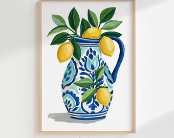 Mediterranean Lemon Pitcher Digital Wall Art, Tropical Citrus Summer Print, Coastal Kitchen Decor, Vibrant Summer Printable Art