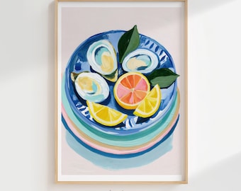 Coastal Oysters Wall Art Print, Grapefruit & Lemon Kitchen Decor, Summer Beach House Citrus Digital Download, Mediterranean Coastal Vibe