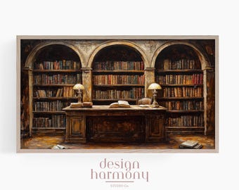 Cozy Library Scene Frame TV Art: Vintage Bookshelf (Digital Download)