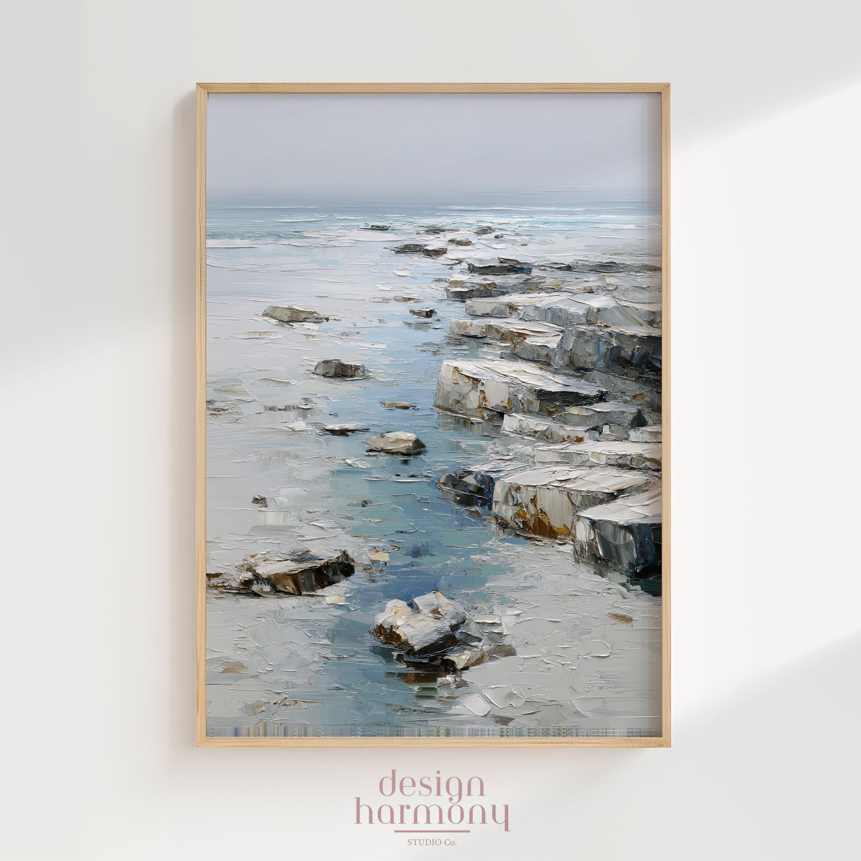 ヴィンテージ海岸油絵プリント：岩と波（デジタルダウンロード