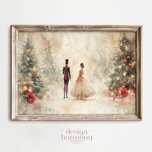 May include: A framed watercolour print shows a winter scene with a couple in a snowy forest. Two Christmas trees with baubles and lights frame the couple. The artwork has a vintage aesthetic, with the text "design harmony" at the bottom.