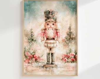 Watercolor Nutcracker Drummer Print, Pink Holiday Nursery Art (Digital Download)