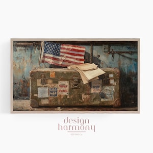 Art vintage de célébration de voyage, décoration de drapeau américain patriotique, art mural de célébration rustique, thème de cartes postales de valise antique, États-Unis