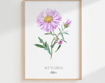 Bloemenprint geboorte aster in september: minimalistische botanische muurkunst (digitale download)