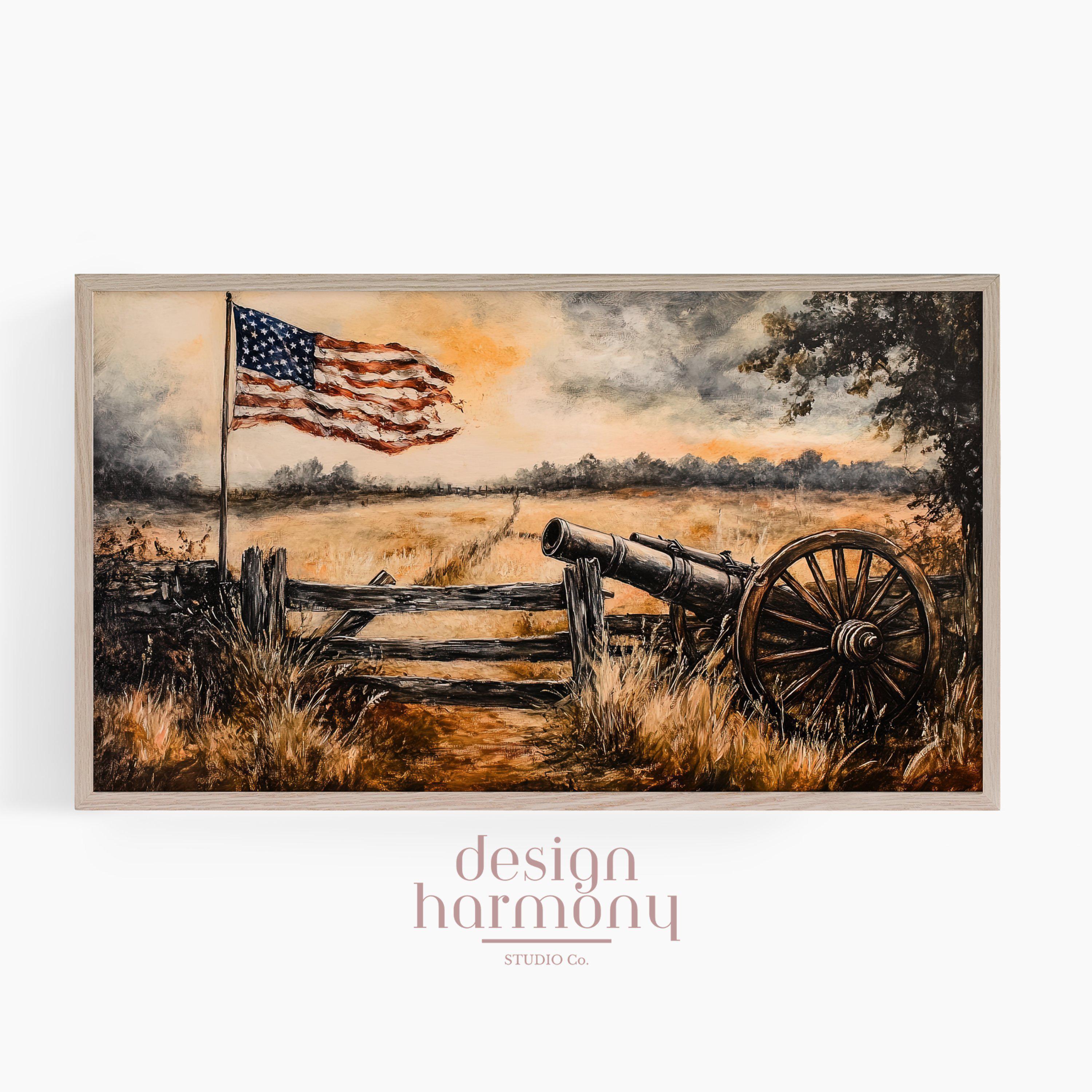 Vintage Celebration Landscape, American Flag Art, Civil War Era Cannon, Rustic Farm Scene, Frame TV Art, Digital Download