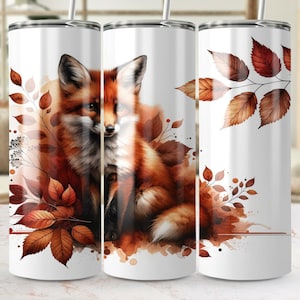 Autumn Fox 20oz Tumbler Wrap - Sublimation Tumbler Design, PNG Digital Download, Woodland Animal, Fall Leaves, Realistic Art