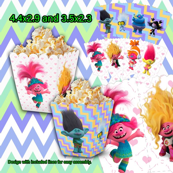 trolls birthday party supplie, trolls popcorn designs, Troll birthday invitations, For birthday, Trolls-themed birthday popcorn boxes